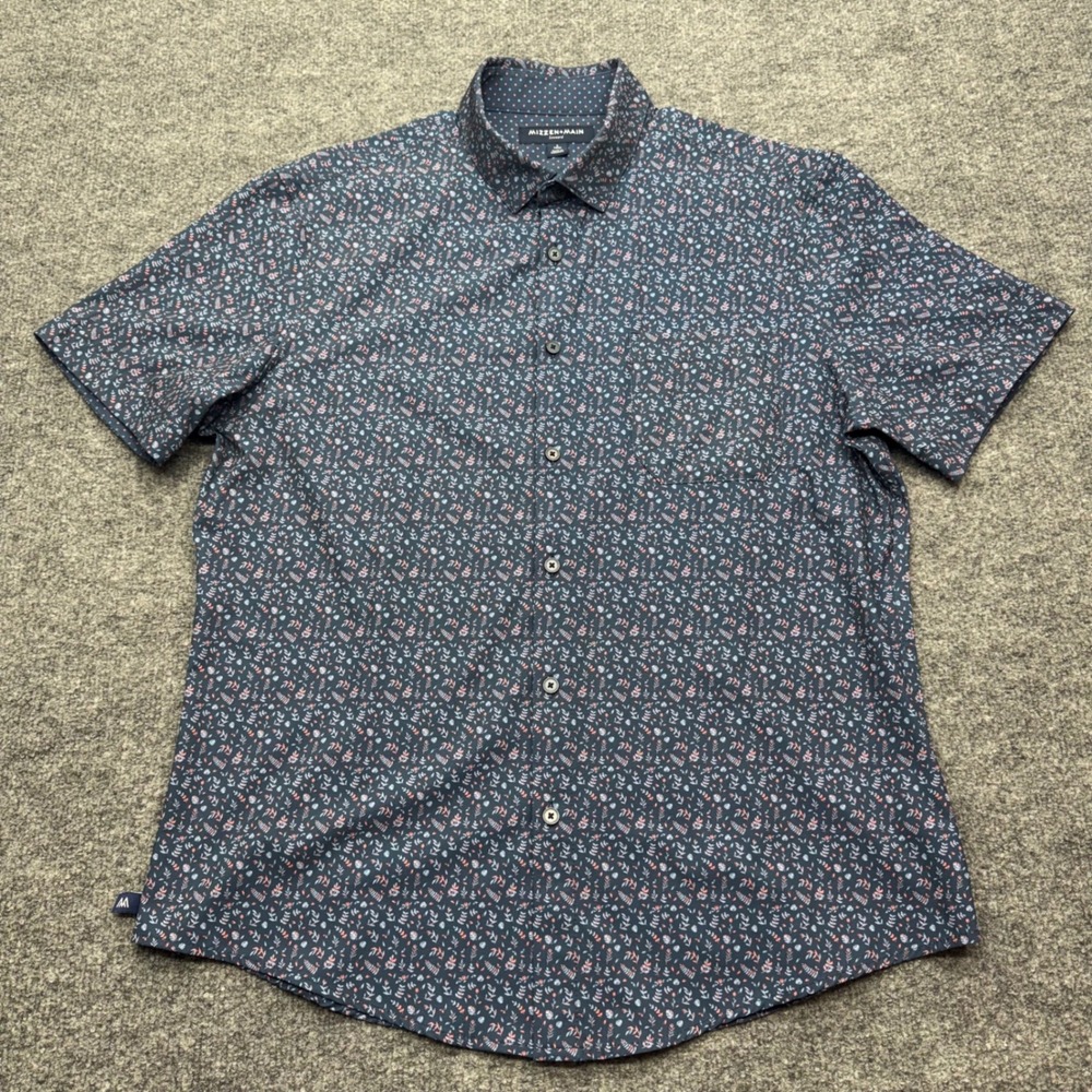 Mizzen+Main Leeward Mens Large Trim Navy Blue Floral Short Sleeve Button Shirt
